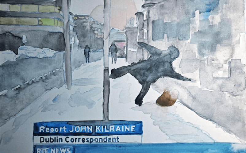 watercolour painting showing a man slipping on ice in dublin, with RTE news headers in the bottom left corner
