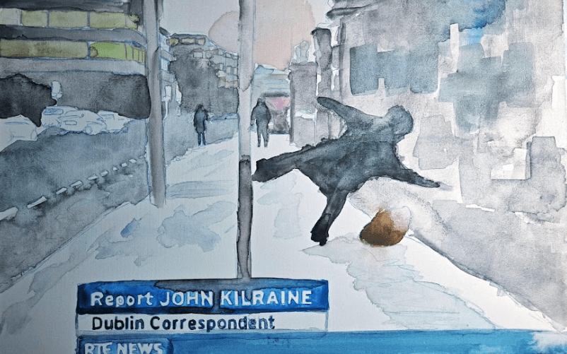 watercolour painting showing a man slipping on ice in dublin, with RTE news headers in the bottom left corner