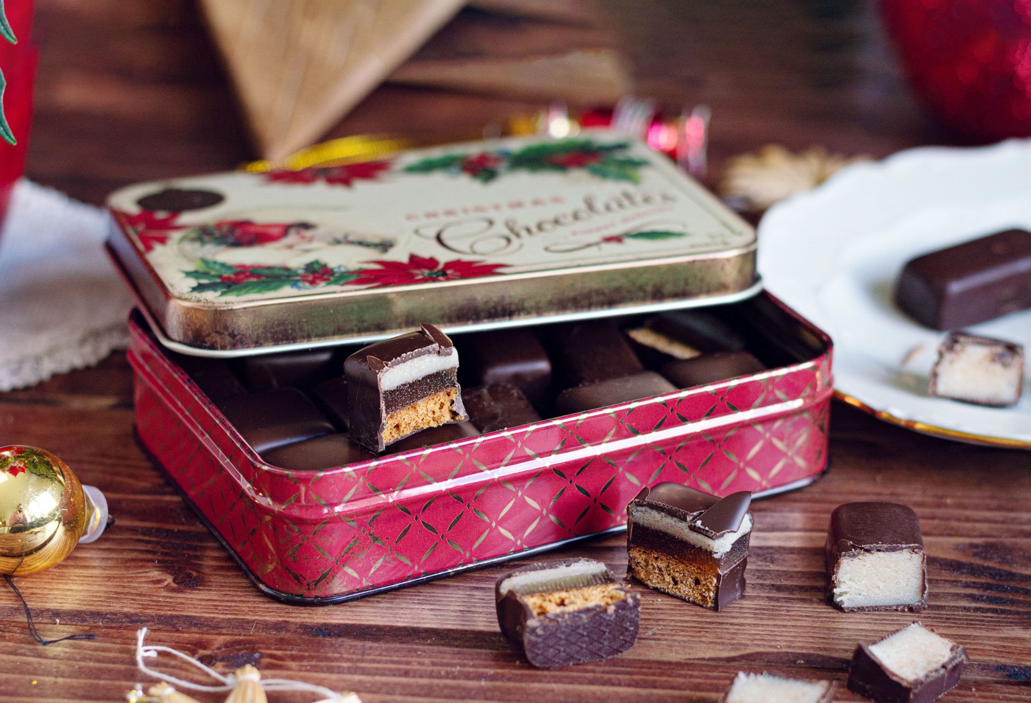 red tin of christmas chocolates