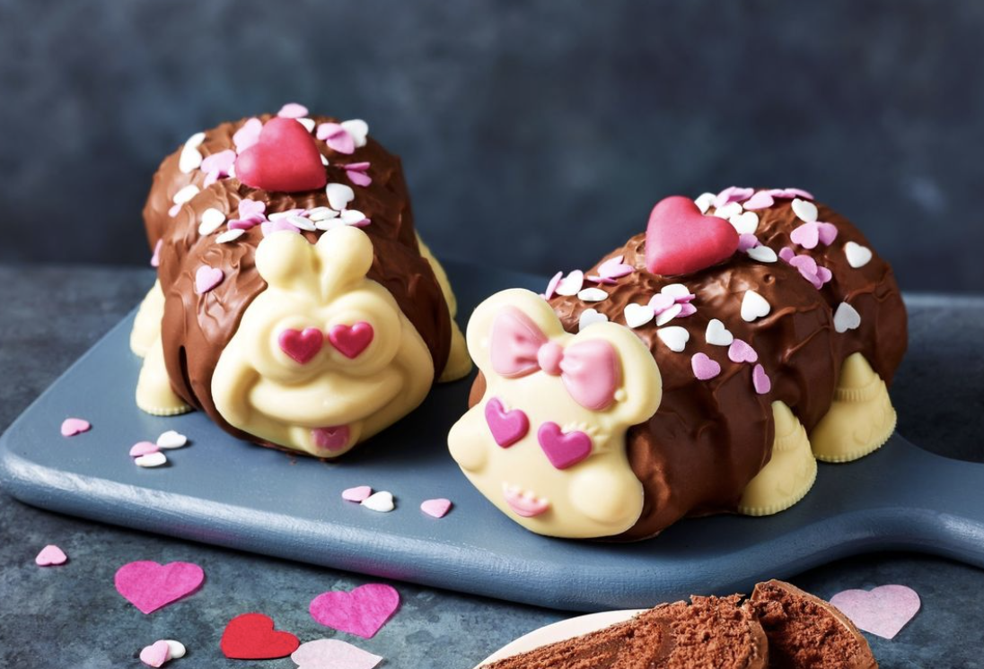two chocolate caterpillar cakes with white chocolate faces