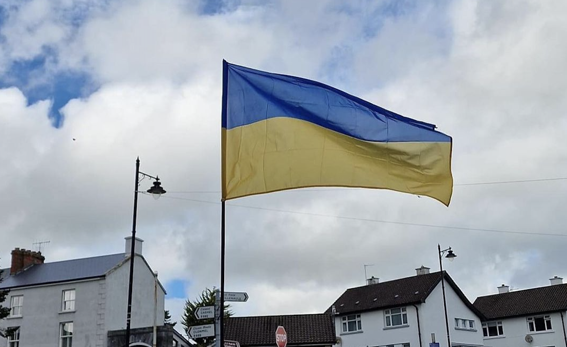 Ukrainian flag waving above Fethard in Tipperary