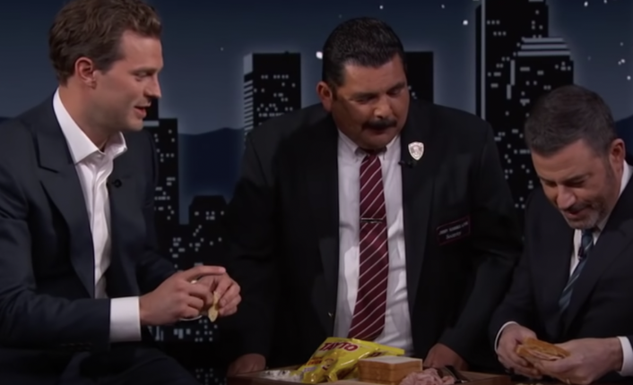 Jamie Dornan makes a questionable crisp sandwich on Jimmy Kimmel