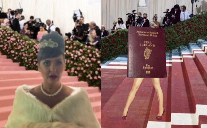 photoshopped images of Aunt Sarah from Derry Girls and Nadine Coyles passport at the Met Gala