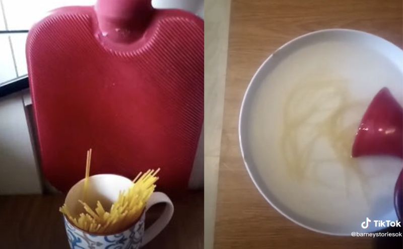 spaghetti and water being poured out of a hot water bottle