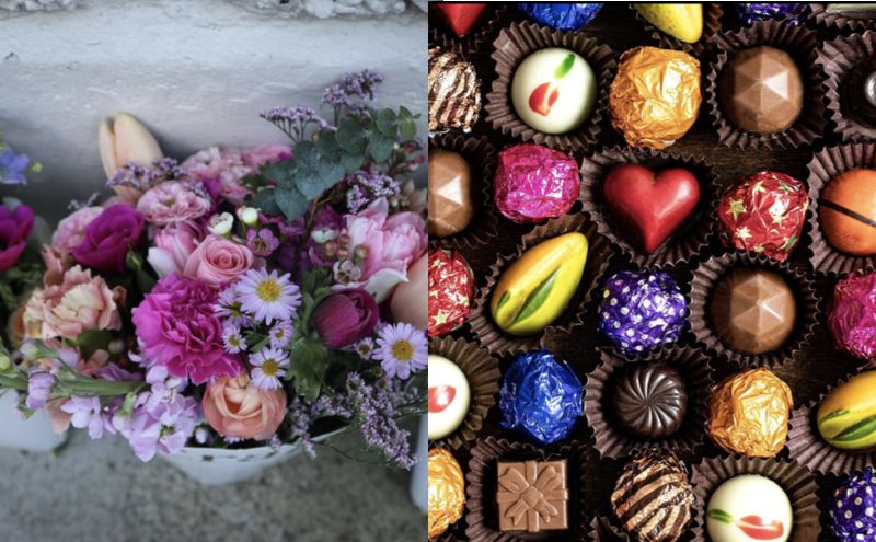 side by side images of a bunch of flowers and colourful box of chocolates