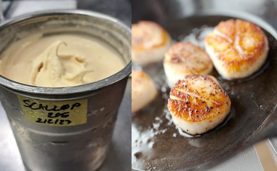 side by side images of a metal tub of ice cream and scallops in a pan