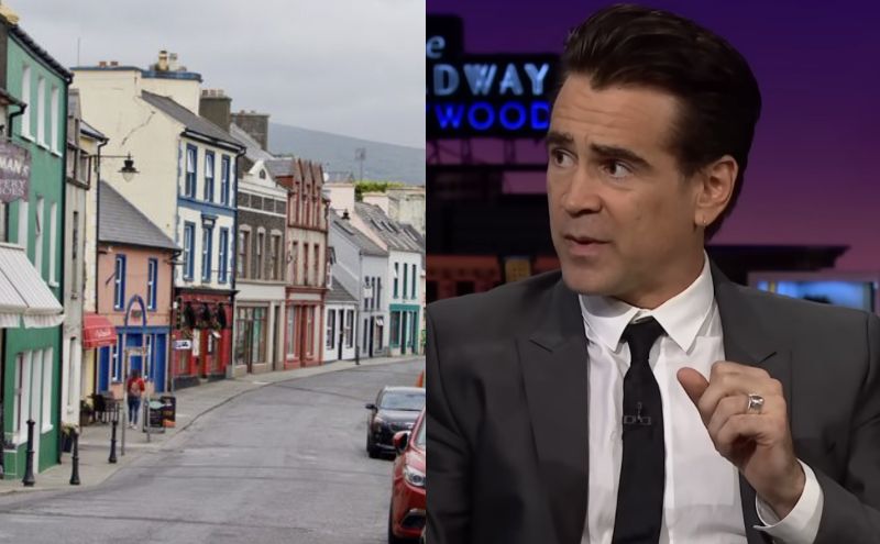 side by side images of the town of castletownbere and colin farrell during an interview