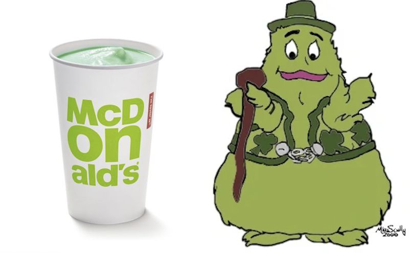 a mcdonalds shamrock shake and McGrimacey, a cartoon promotional character